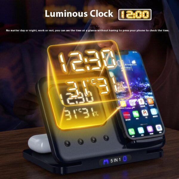 Caricabatterie wireless da 15 W Stand 5 In1 LED Sveglia digitale Stazione dock di ricarica rapida - Image 2