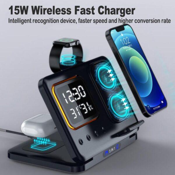 Caricabatterie wireless da 15 W Stand 5 In1 LED Sveglia digitale Stazione dock di ricarica rapida - Image 3