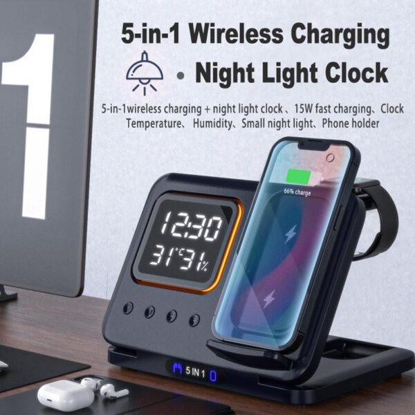 Caricabatterie wireless da 15 W Stand 5 In1 LED Sveglia digitale Stazione dock di ricarica rapida
