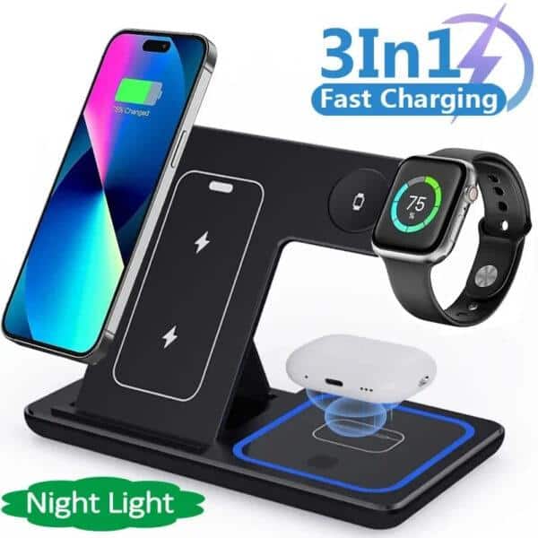 5W 3 In 1 LED Supporto per caricabatterie wireless veloce Stazione di ricarica pieghevole per smartphone 15 14 13 12 11 IWatch 9 8 7 6 5 Airpods Pro
